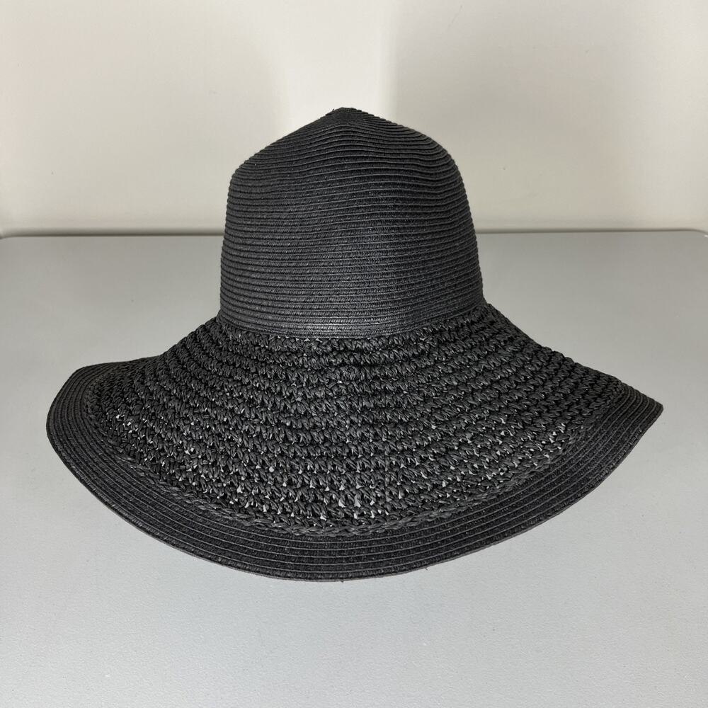 J Crew Textured Summer Straw Hat Wide Brim Black Packable Floppy Braided Paper